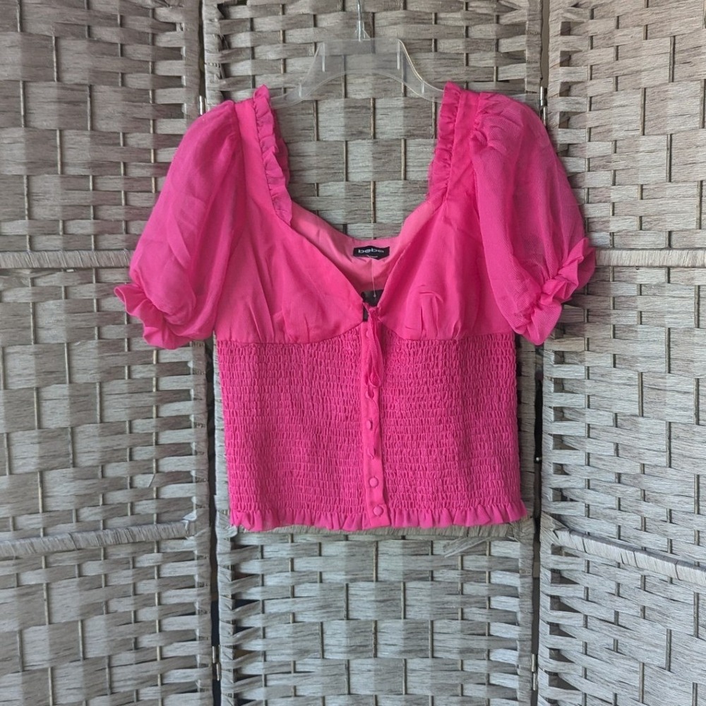 Bebe‎ Corset Smocked Waist Top Hot Pink Puff Sleeve Ruffle Blouse Sz 6 Coquette